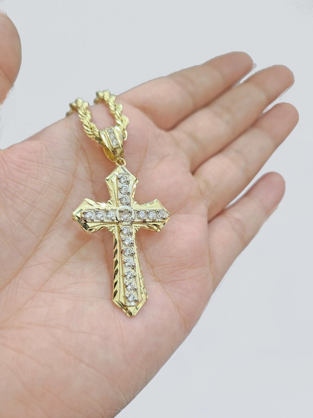 14k Yellow Gold Cross Charm Rope Chain Necklace 4mm 22'' Pendant 14kt Jesus Real - GoldenlinQ
